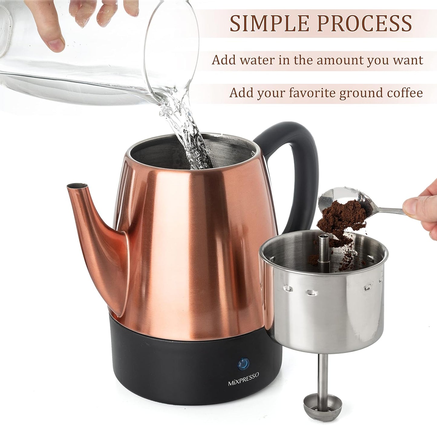 Mixpresso Elektriese Koffieperkoleerder Koperliggaam met Vlekvrye Staal Deksel Koffiemaker, Perkoleerder Elektriese Pot - 4 Koppies, Koper Kampkoffiepot