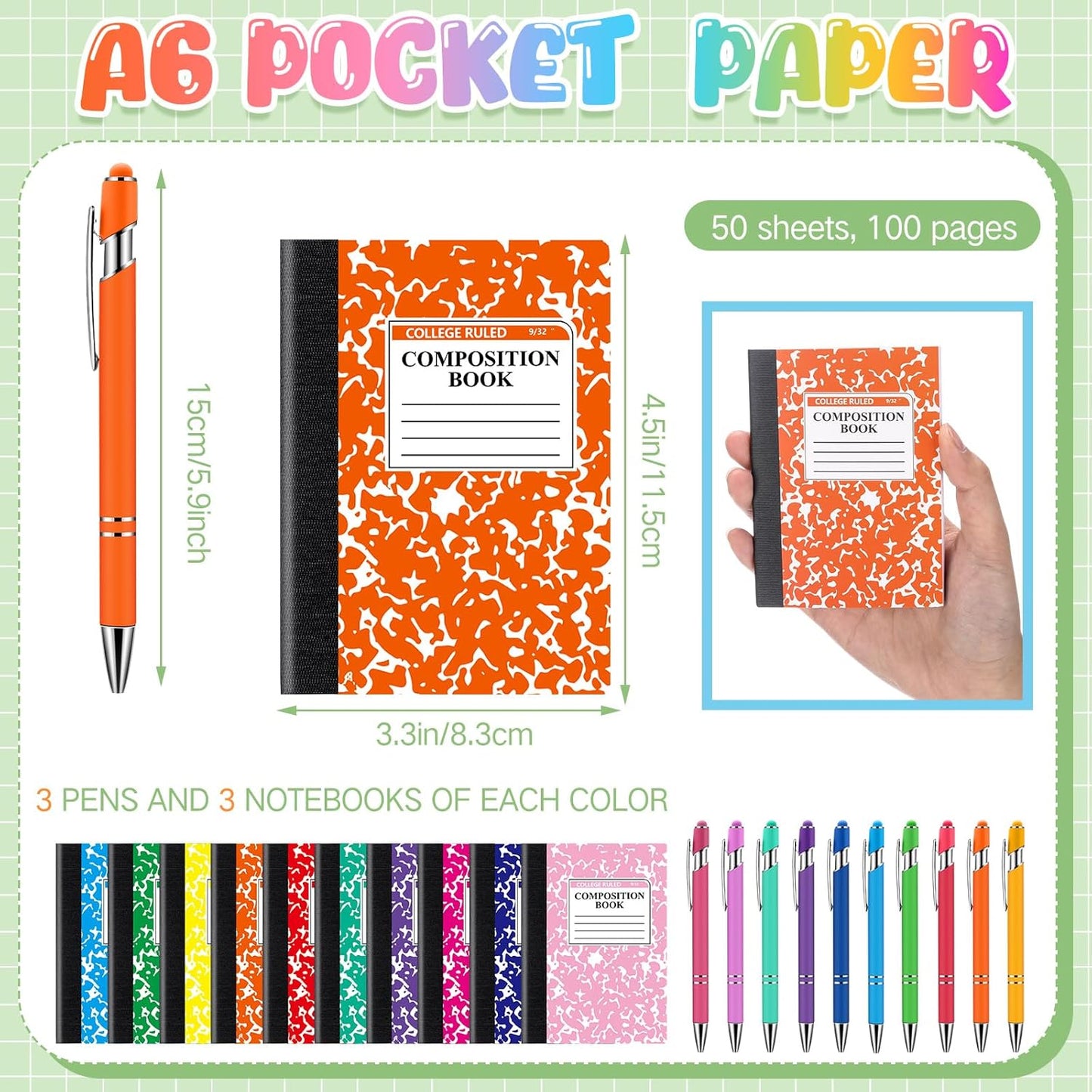 60 Pcs Mini Composition Notebooks and Retractable Ballpoint Pens, 3. 3" x 4.5" Small Note Pad Journal and Metal Ballpoint Pens with Stylus Tip for Students School College Office Supplies