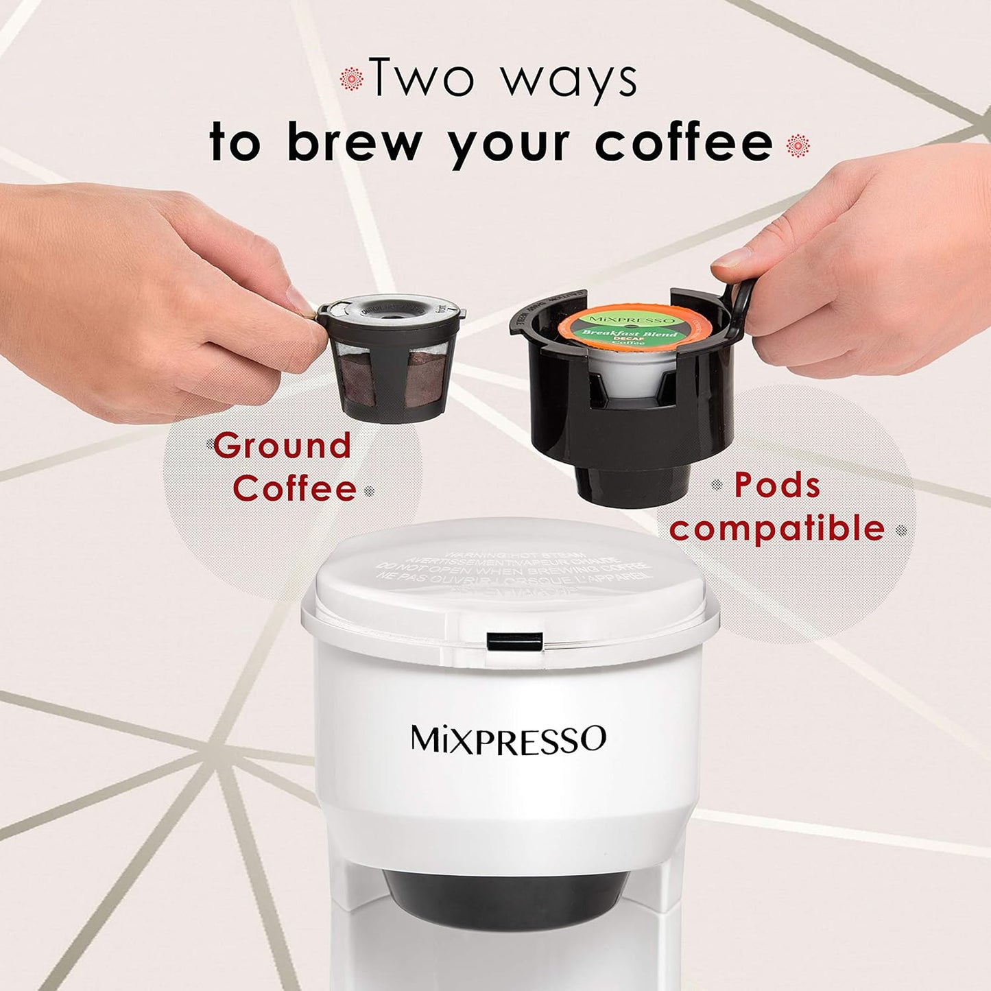 Mixpresso 2-in-1 Koffiemaker vir K-kapsule en Gemaalde Koffie, Enkelbedieningskoffiemaker, Kompakte Grootte Mini Koffiemaker Vinnige Brou Tegnologie 400ml Wit Enkelkoppie Koffiemaker