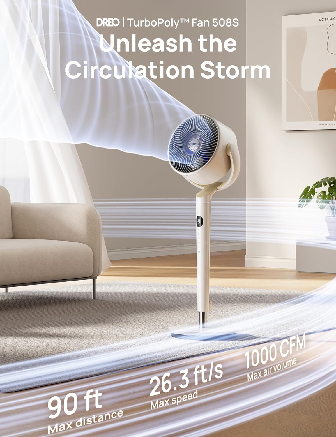 Slim Ossillerende Waaier 120° Omni-Rigting, 90vt Stil Voetstuk m/ RGB-Lig, 9 Spoede, 6 Modusse 8H Tydhouer, Wi-Fi/Stem, 37-42" - Wit