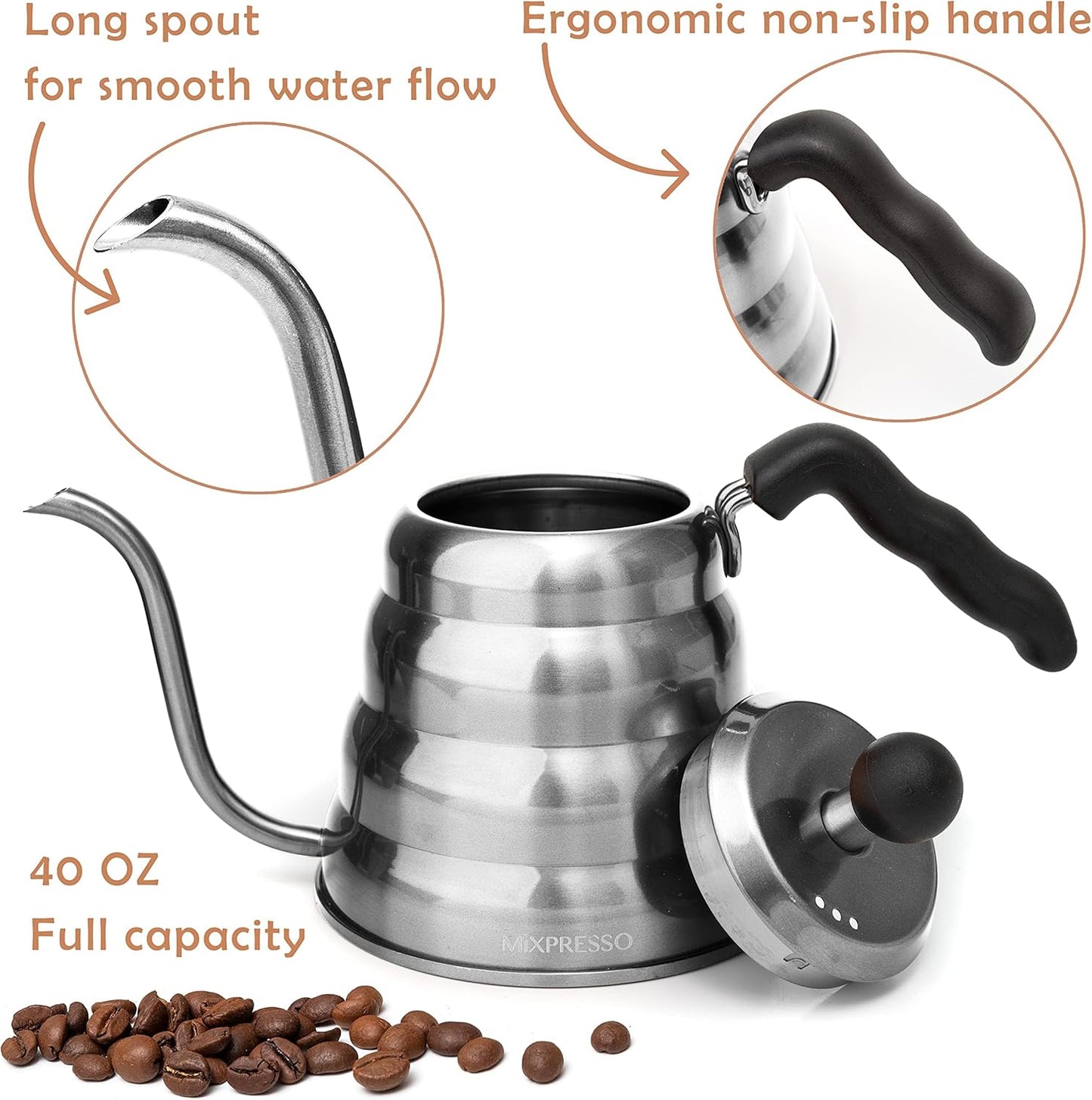 Mixpresso Swaanhals-Skinkketel, Barista-skinkbeheerontwerp, Ideaal vir Koffie en Tee, Hoëgraadse Vlekvrye Staal 1.2 Liter 40 Oz, Induksie Stoofplaat Ketel Vlekvrye Staal