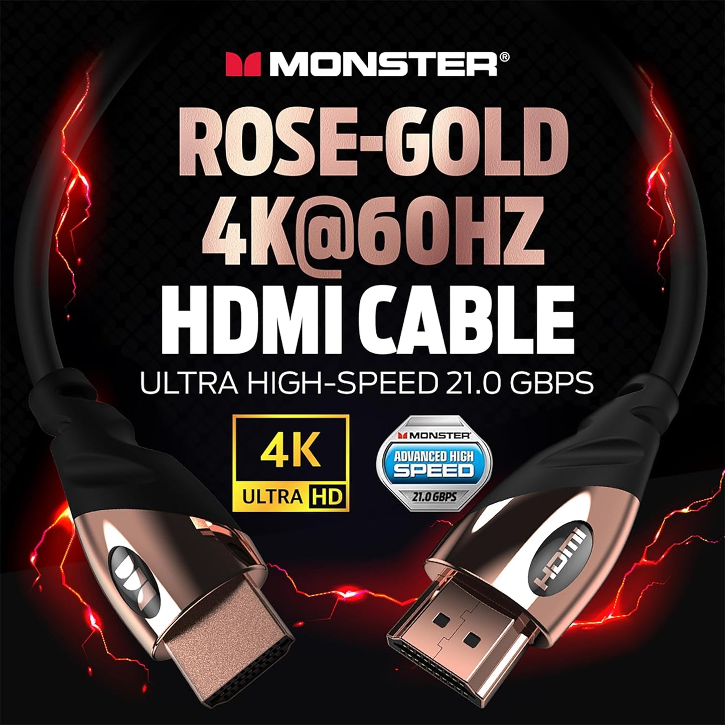 Monster Rosegoud HDMI-kabel 4K Ultra HD — Xbox Series X, PlayStation 5, Nintendo, Apple TV HDMI-kabel — 24K Goue Kontakte, Hoëspoed 21 Gbps, 60/120 Hz, Duraflex-bedekking (1.2m)