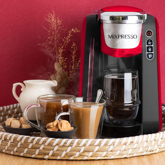 Mixpresso Enkelkoppie Koffiemaker Versoenbaar Met 1.0 & 2.0 Enkelkoppie Peule, Verwyderbare 45oz Watertenk, Vinnige Brou Met Outomatiese Afskakeling, Een Druk Funksie (Rooi/Swart)