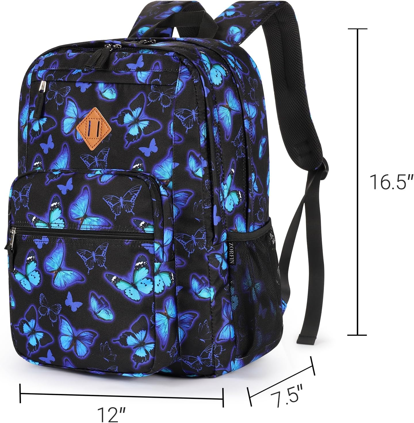 26L Backpack for School, College, and Travel: Water Resistant Bookbag with 8 Compartments - Butterfly Black