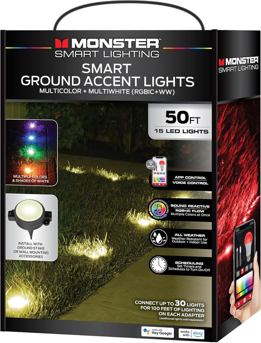 Monster Smart Outdoor Ground Accent RGB+IC+WW LED-ligte, 15 m, 15 LED's, Klankreaktief, Grondpenne & Muur-/Plafonmonterings, Weer- en IP44-waterbestand, Werk met Alexa, Siri, Google Home, Toepassing
