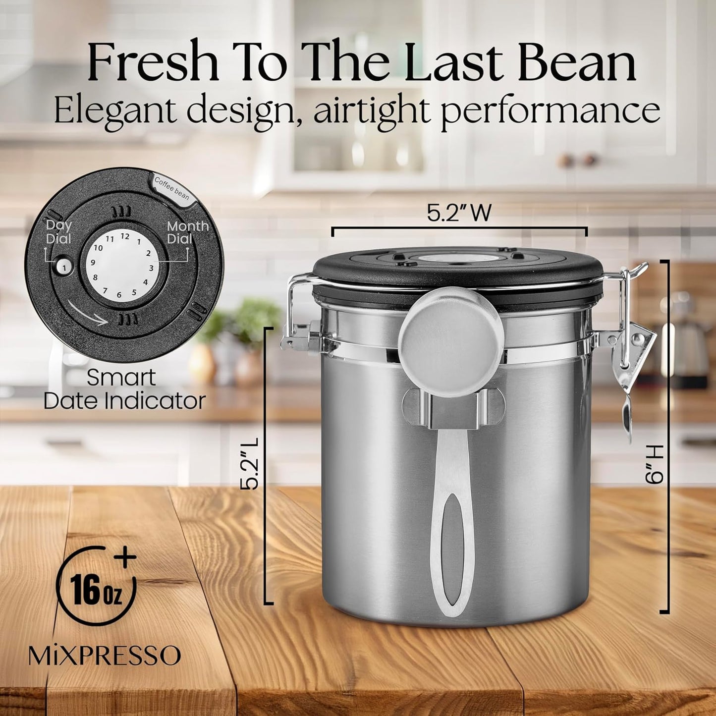 Mixpresso 16 Oz Koffiekanister met Lepel, Roesvrye Staal Lugdigte Koffiehouer, Lugdigte Fles Teebergplek met Datumspoorder, Vakuumverseëlde Espresso Lugdigte Kanister, Suikerhouer vir Huis