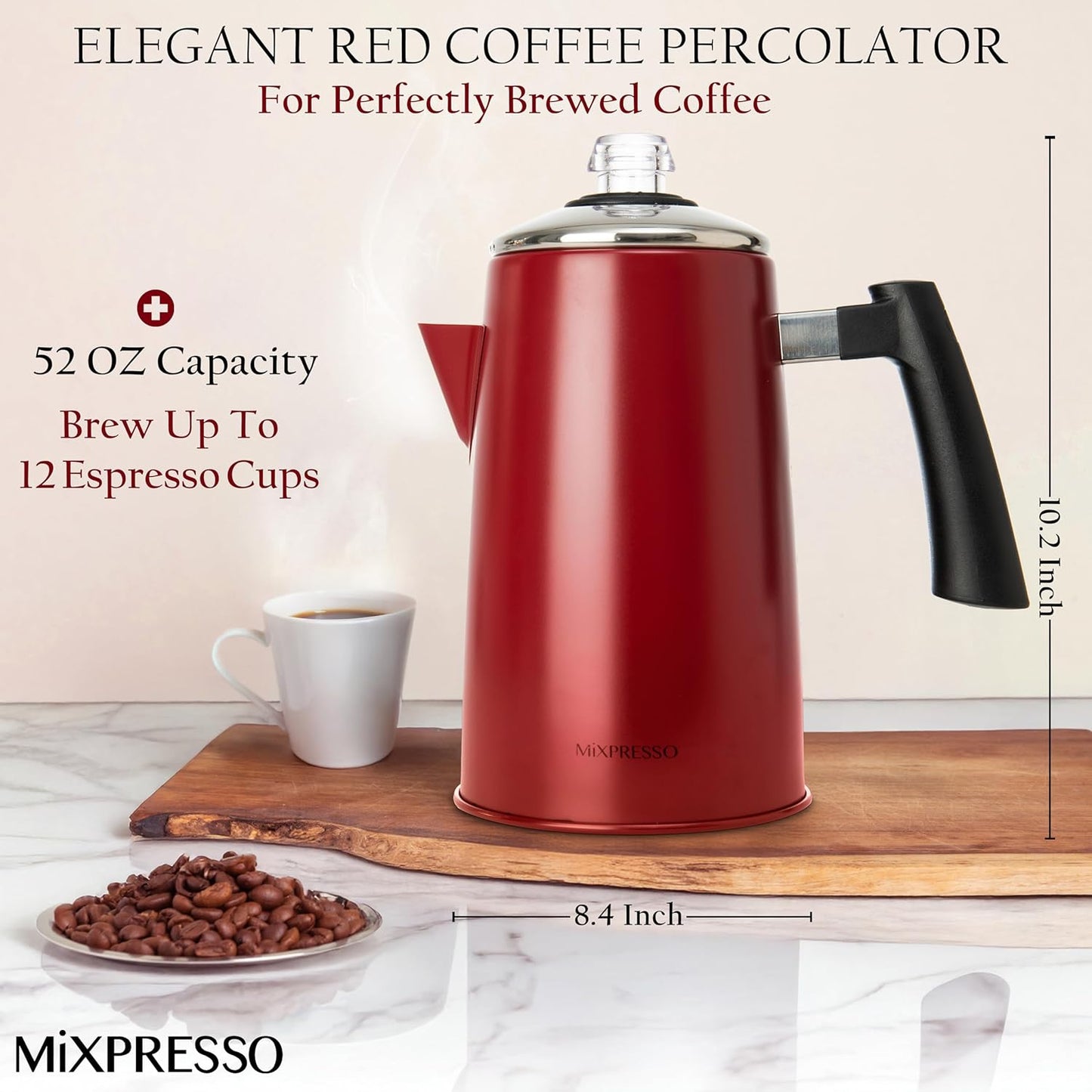 Mixpresso Rooi Vlekvrye Staal Koffieperkoleerder Kookplaat, 52 oz Klassieke Perkoleerder Koffiepot, Puik Vir Kamp, 12 Koppie Kookplaat Espressomaker, Koel-om-aan-te-raak Handvatsel