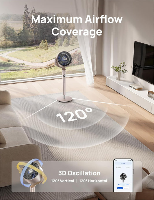 Slim Ossillerende Waaier 120° Omnidireksioneel, 90vt Stil Staander met RGB-lig, 9 Spoed, 6 Modusse 8H Tydhouer, Wi-Fi/Stem, 37-42" - Starlight