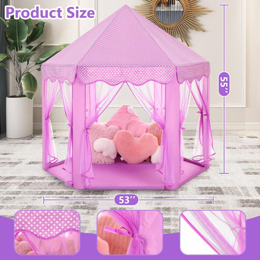 Monobeach Prinsestent Meisies Groot Speelhuis Kinders Kasteel Speel Tent met Sterligte Geskenkspeelding vir Kinders Binne- en Buitemuurse Speletjies, 55'' x 53'' (DxH) (Pers)