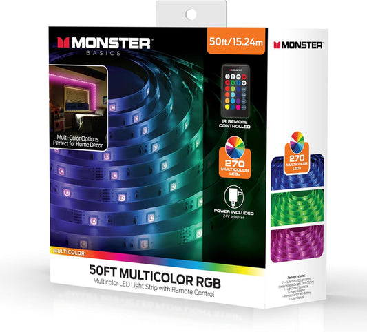 Monster 50 Voet RGB LED-ligstrook met afstandbeheer, 270 RGB-LED's, kleefrugkant, bedek vir vogbeskerming, dimbaar, 24V-prop, 4 modusse insluitend stroboskoop, flits, vervaag en glad