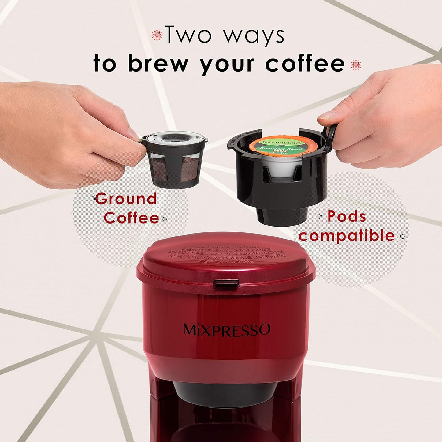 Mixpresso 2-in-1 Koffiebrouer, Enkelbedien & Persoonlike Koffiemaker, Kompakte Grootte Mini, Vinnige Brou Tegnologie, 14oz Rooi