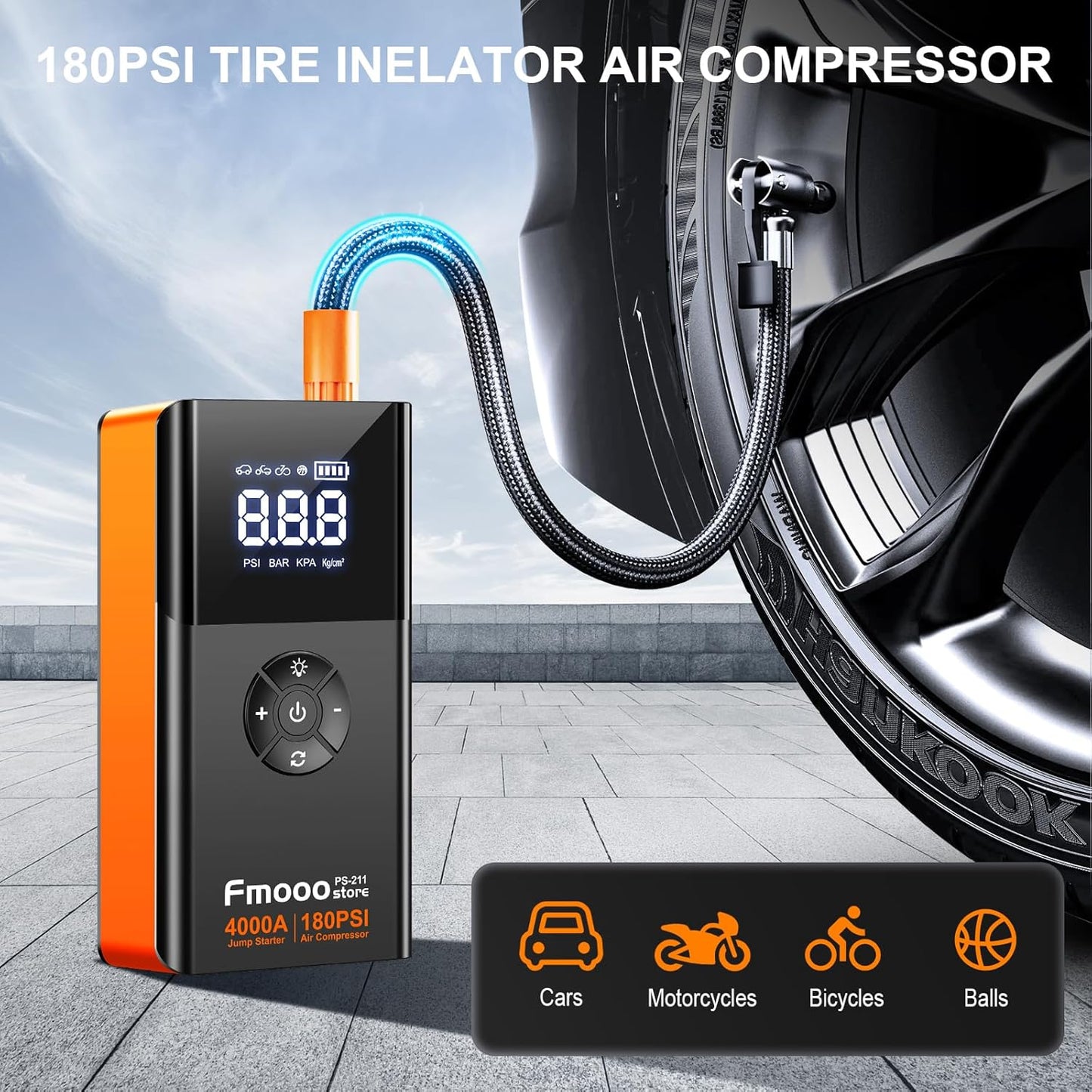 Portable Car Jump Starter with Air Compressor, 4000A 180PSI Car Battery Jump Starter Battery Pack (10L Gas/8L Diesel), 12V Car Jump Box Car Battery Jumper Starter, Large LCD Display,2 Lights (Orange)