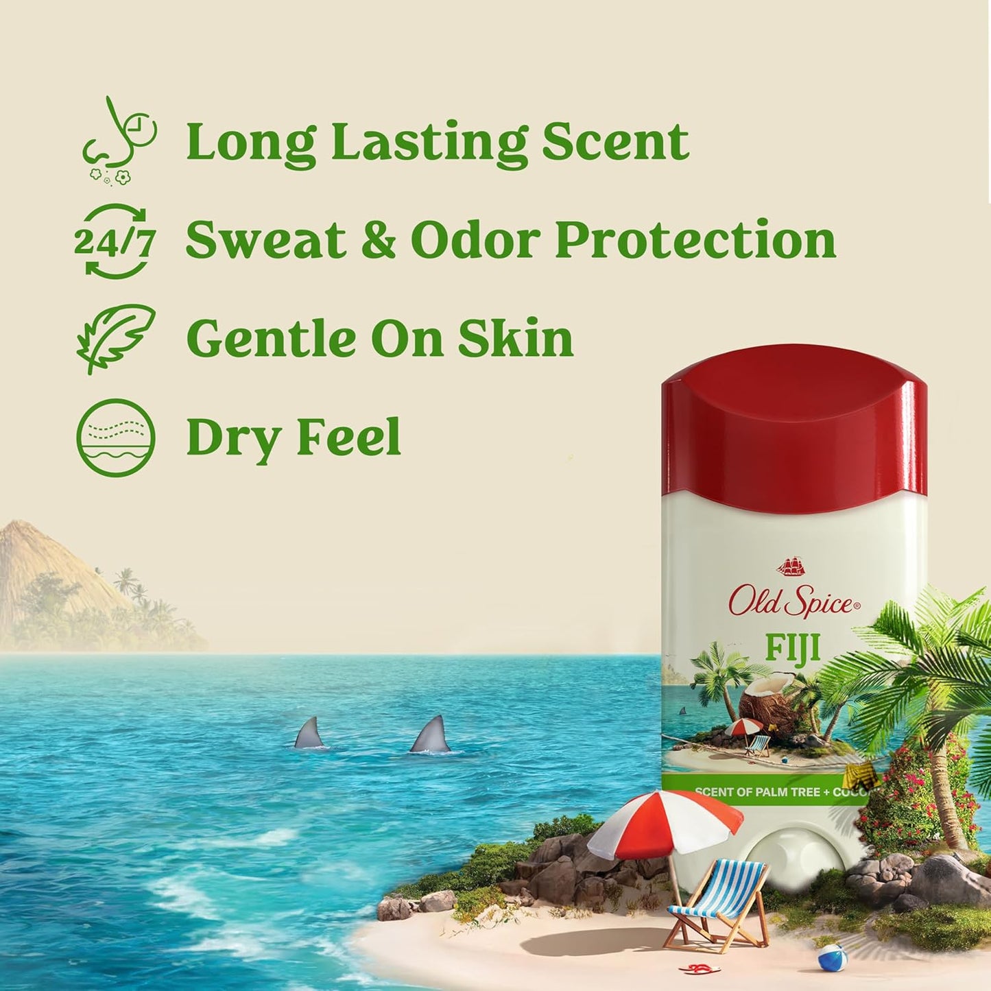Old Spice Dry Feel Antiperspirant Deodorant for Men, 24/7 Freshness,Sweat & Odor Protection- Fiji with Palm Tree + Coconut Scent (Pack of 3)