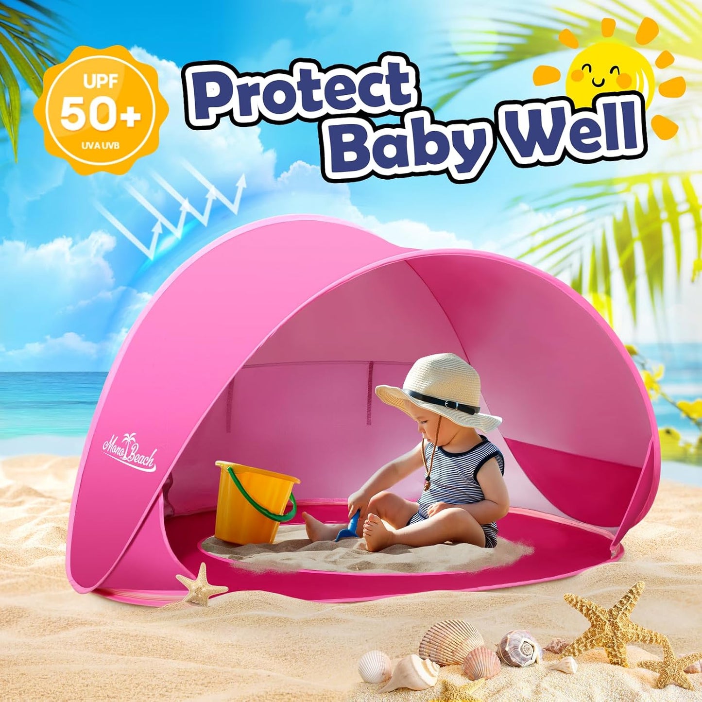 Beach Tent Pop Up Portable Shade Pool UPF50+ UV Protection Sun Shelter for Infant with Easy Set Up Canopy (Pink Beach Tent)