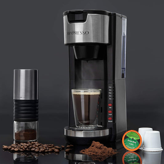 Mixpresso Swart Enkelbedien Koffiebrouer K-Cup Peule Versoenbaar & Gemaalde Koffie, 30 oz Kompakte Koffiemaker Enkelbedien Met 5 Brougroottes Tot 14 Oz, Pas Reismok, Verstelbare Drupbak