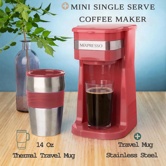 Mixpresso Rooi Persoonlike Enkelbedien Koffiemaker met 414ml Reismok, Drup Klein Koffiemaker met Outomatiese Afskakeling, Herbruikbare Filter, Werk Slegs met Gemaalde Koffie – Nie vir K-Cup Peule nie