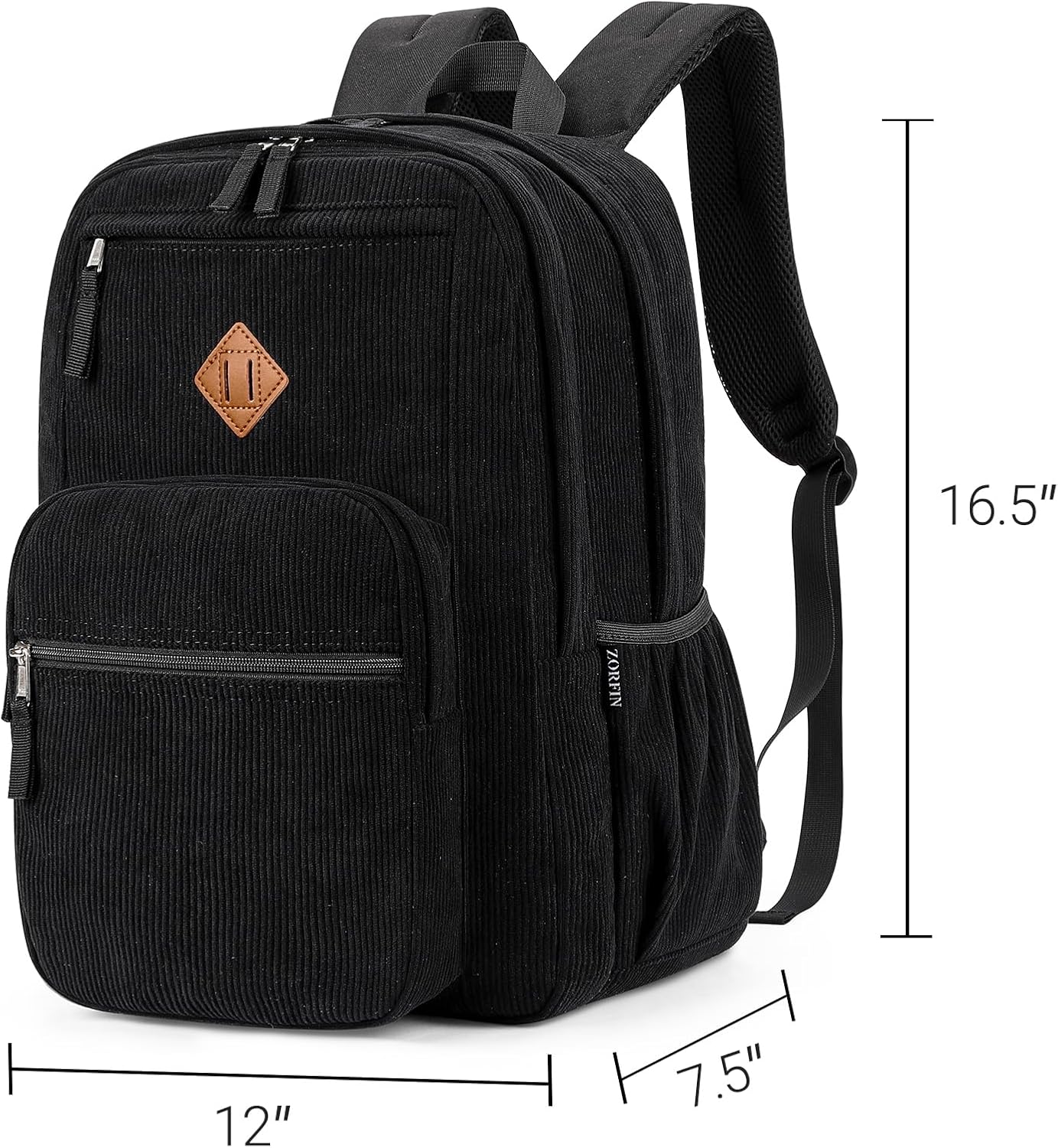 26L Backpack for School, College, and Travel: Corduroy Bookbag with 8 Compartments - Black
