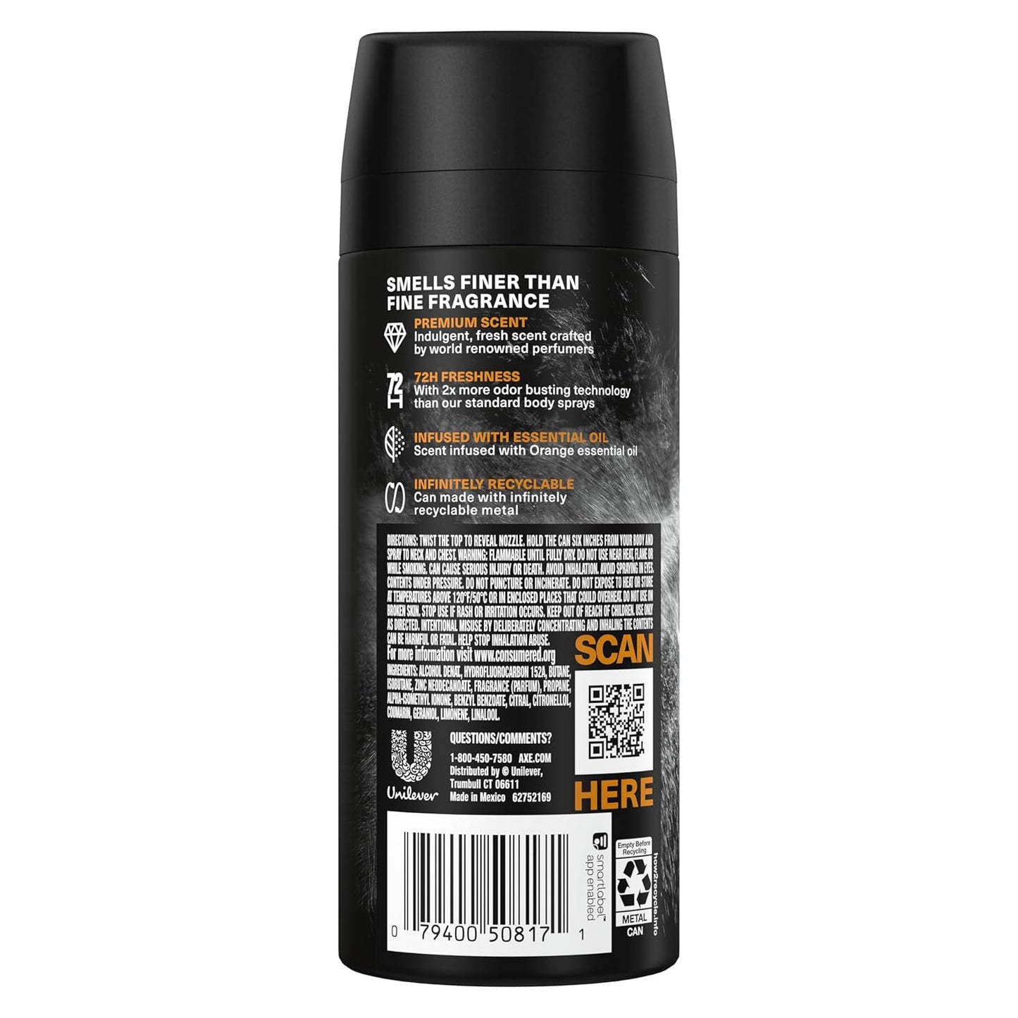 AXE Fine Fragrance Collection Premium Body Spray Black Vanilla with Orange + Sandalwood Aluminum-Free - 4 oz (Pack of 3)