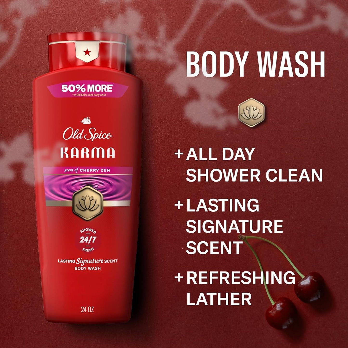 Old Spice Body Wash for Men, 24/7 Shower Fresh & Clean w/Daily Use, Lasting Signature Scent - Karma w/ Cherry Zen Scent (Pack of 2)