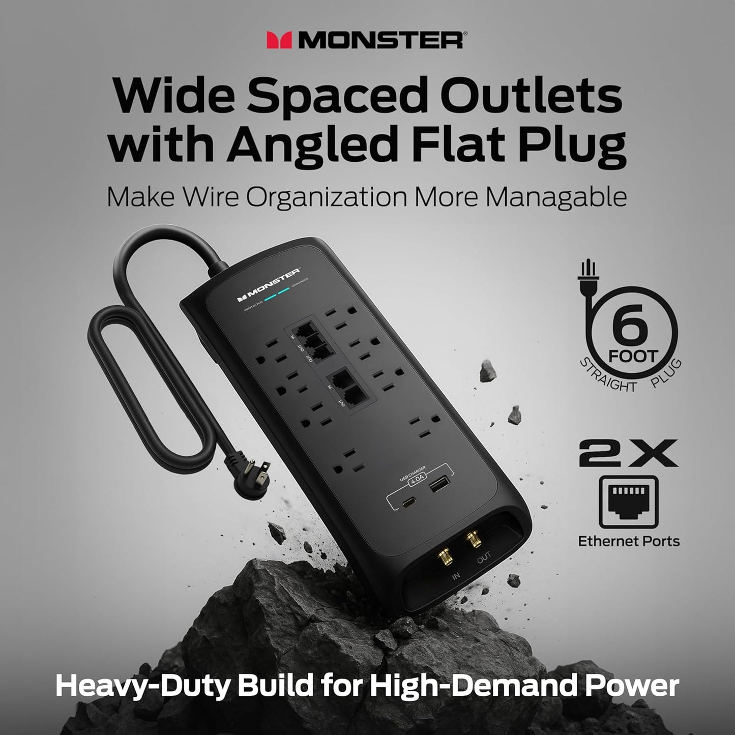 Monster Power Surge Protector w/ 4,050 Jules Rating — Heavy Duty Power Strips with Surge Protection, 8 Outlets, USB-A & USB-C, 2 Coax, 5 Ethernet Ports, Fireproof MOV, Dual Mode (6FT Cord, Black)