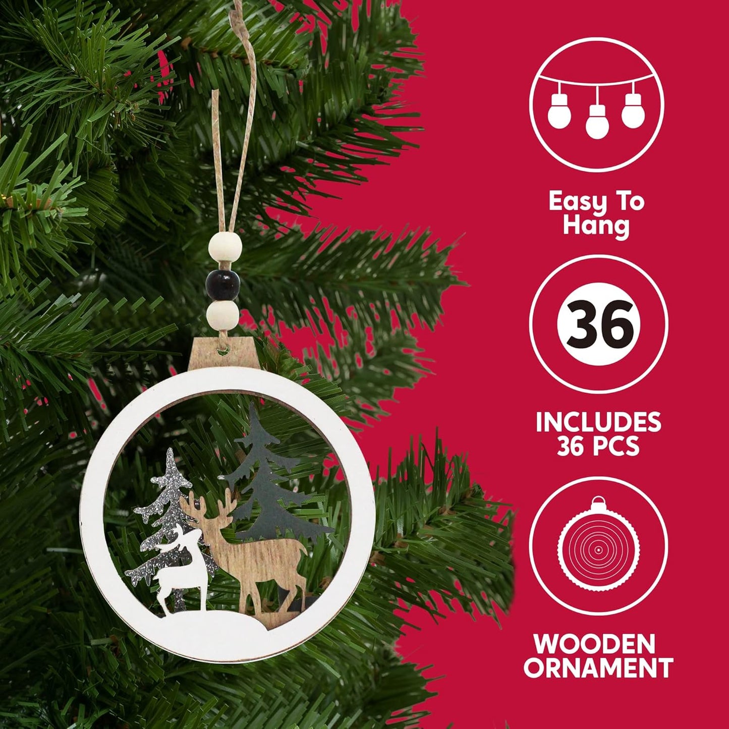 (6PCS) Christmas Wooden Ornaments Farmhouse Rustic Reindeer, Hanging Wood Ornaments - Classic