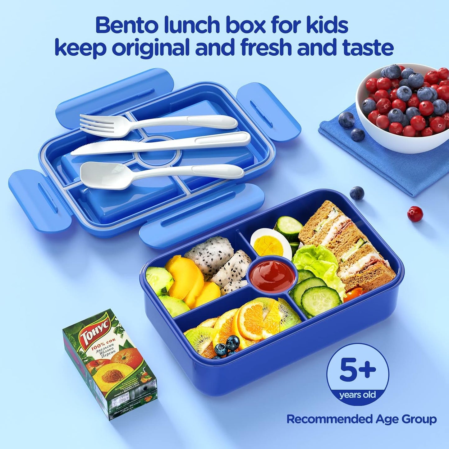 Bento Lunch Box - Leakproof 4 Compartments Large Bento-Style Bento Box Containers w/ Tableware - Dinasour
