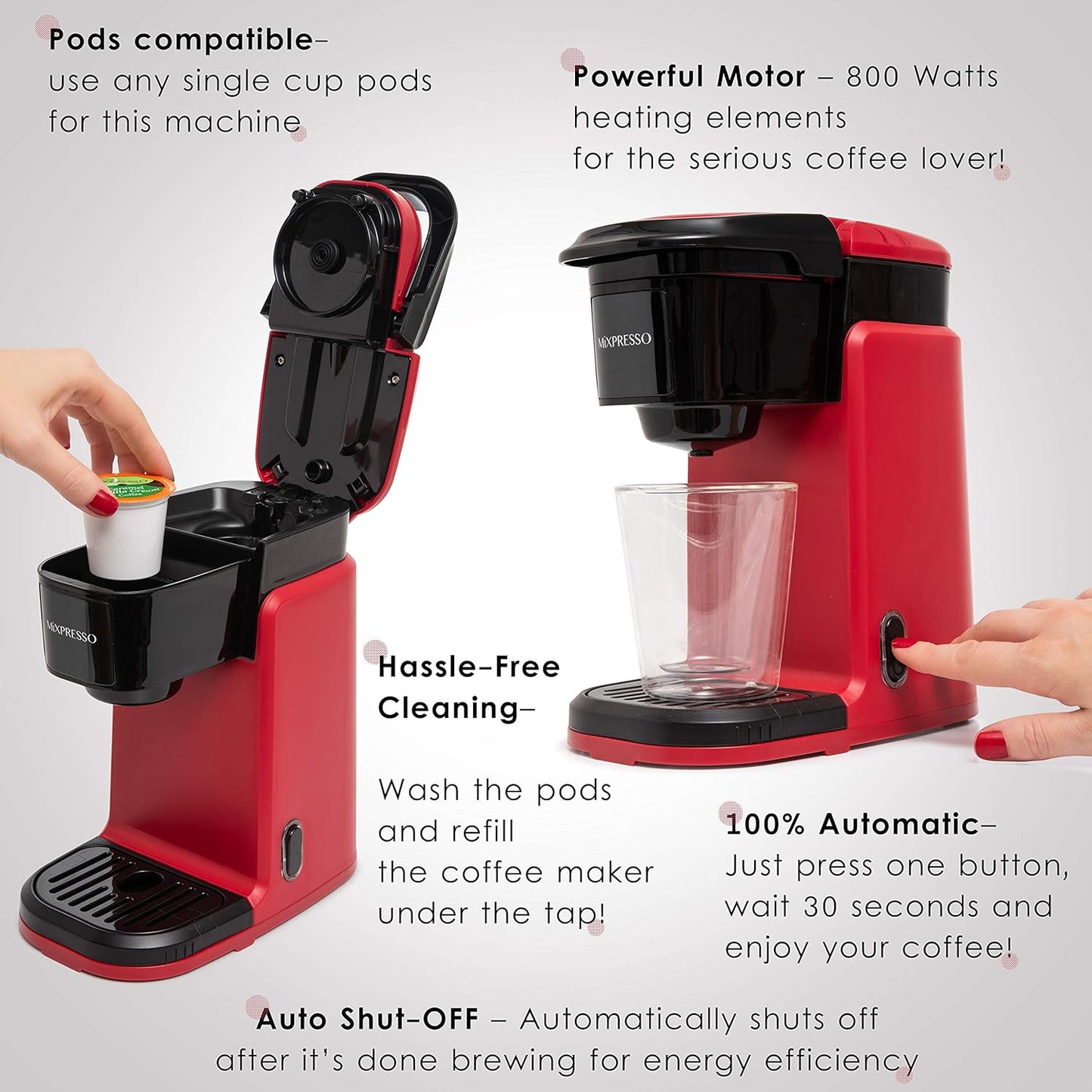 Mixpresso Enkelkoppie Koffiemaker, Persoonlike Enkelbedien-Koffiebroumasjien, Versoenbaar met Enkelkoppies, Vinnige Brou-Tegnologie, Een-Raak Funksie Rooi Koffiemaker, 355ml Enkelkoppie Koffiemaker