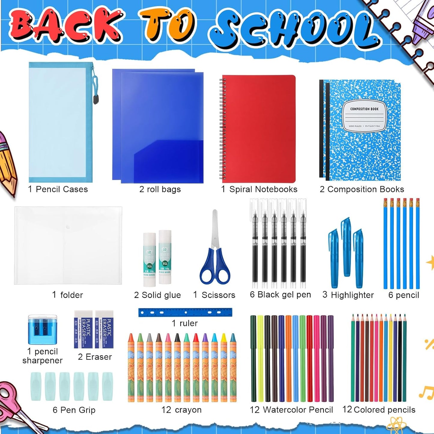 Back to School Supplies Essentials (39 PCS) Bundle Include Pencils Scissors Ruler Eraser Crayon Sharpener Notebook Pencil Case Folder Notebook(Blue)