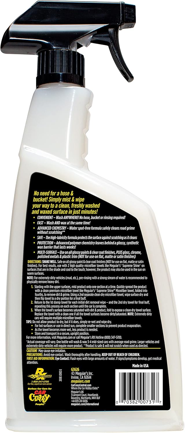 Meguiar's Ultimate Waterless Wash & Wax, Krasvrye Skoonmaaksproei 2-in-1 Detailer vir Glans (26 Oz)