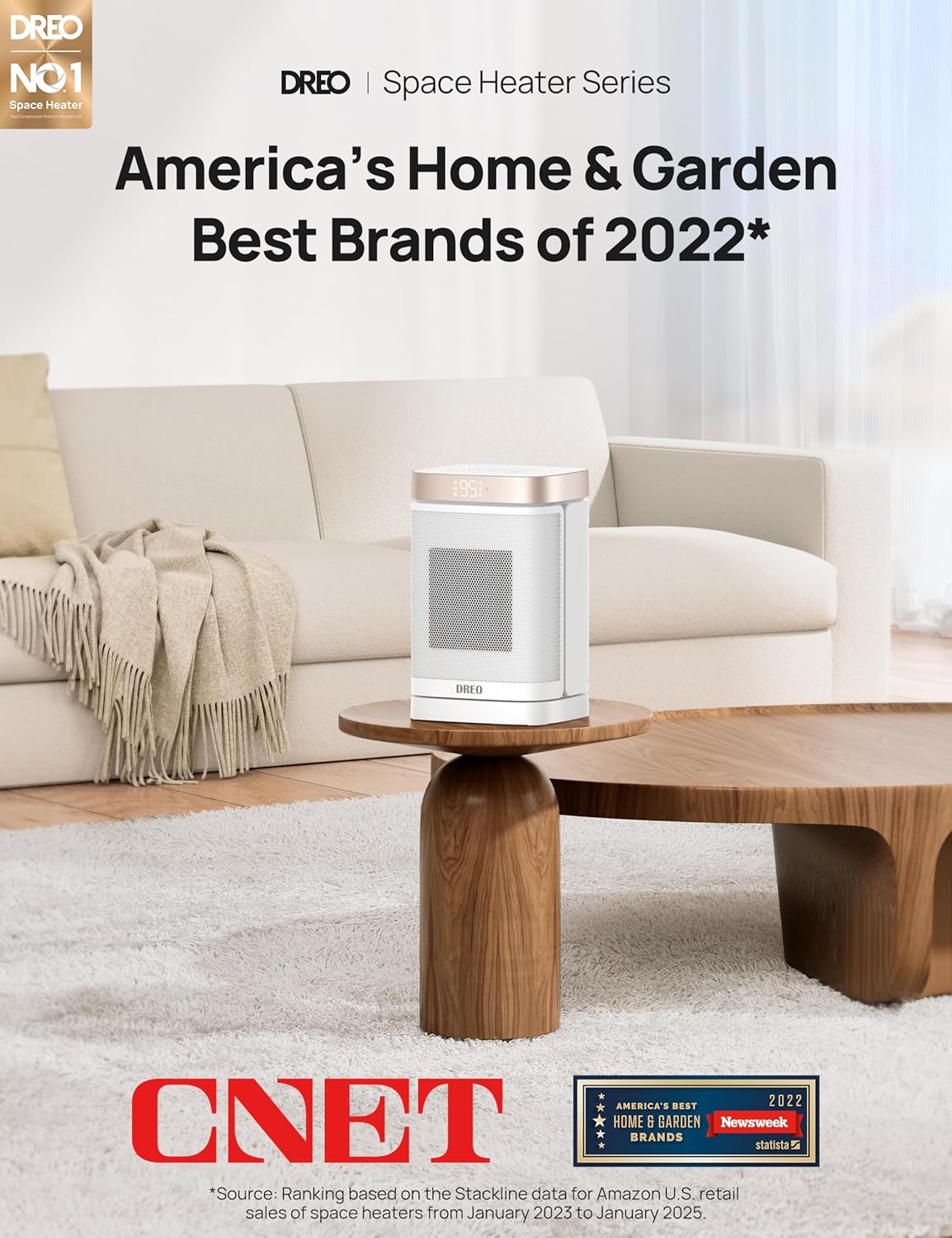 Draagbare Atom One Ruimteverwarmer m/ Afstandbeheer, 70°Ossillerend m/ Digitale Termostaat, 1500W PTC Keramiek, 12h Tydhouer, Stil Veiligheidsverhitting - Starlight