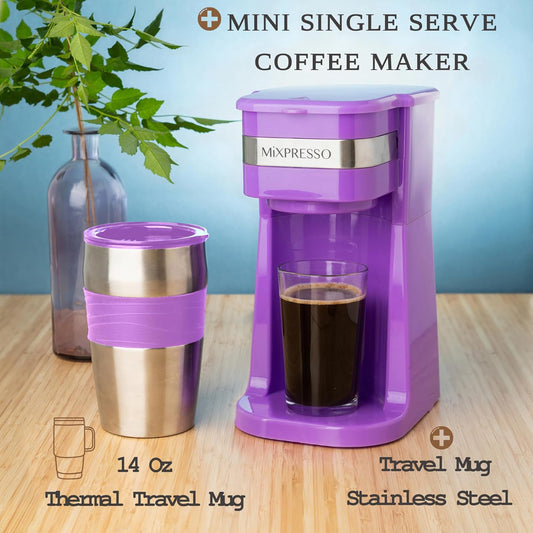 Mixpresso Pers Persoonlike Enkelbedien Koffiemaker met 14oz Reismok, Drup Klein Koffiemaker met Outomatiese Afskakeling, Herbruikbare Filter, Werk Slegs met Gemaalde Koffie – Nie vir K-Cup Peule nie