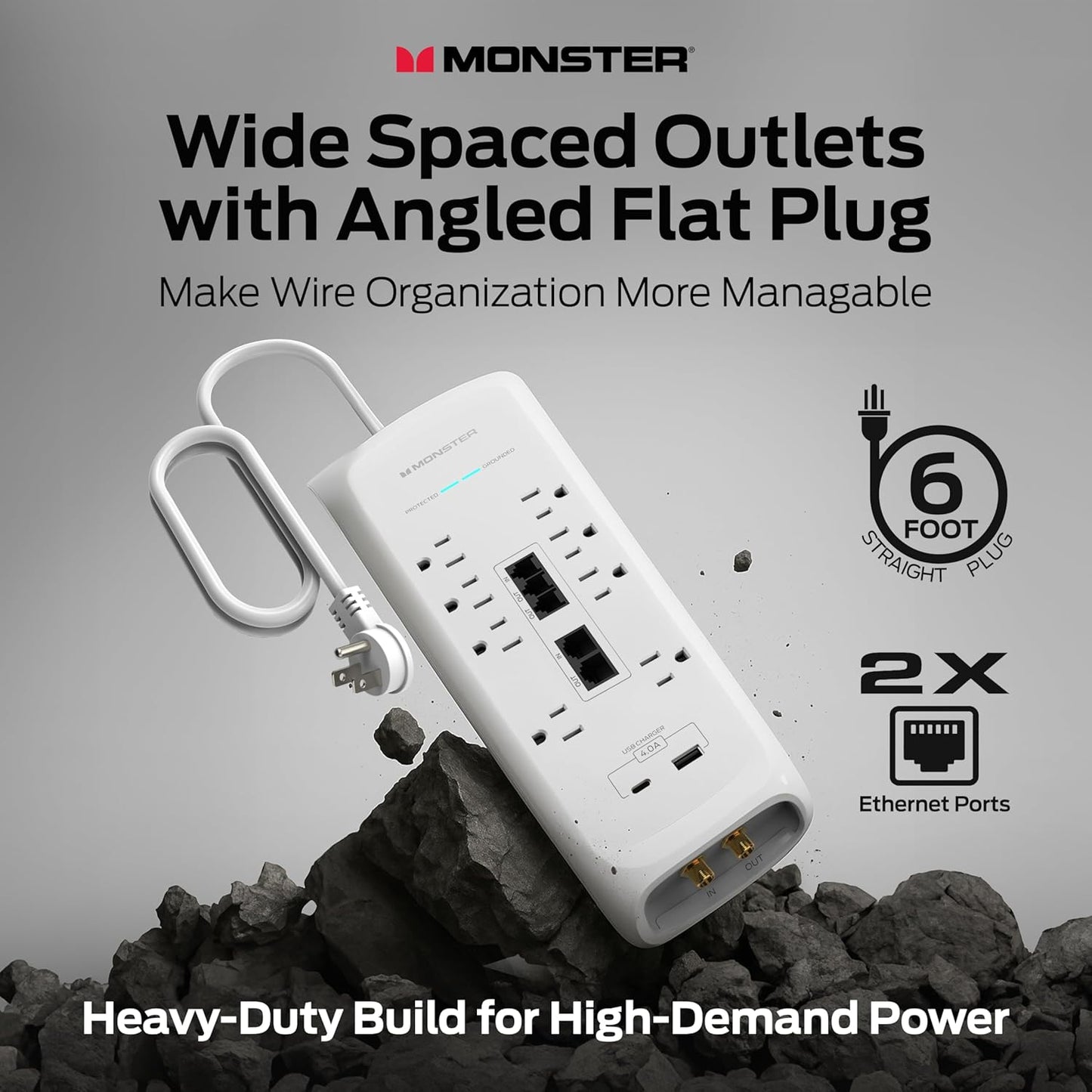 Monster Power Surge Protector w/ 4,050 Jules Rating — Heavy Duty Power Strips with Surge Protection, 8 Outlets, USB-A & USB-C, 2 Coax, 5 Ethernet Ports, Fireproof MOV, Dual Mode (6FT Cord, White)