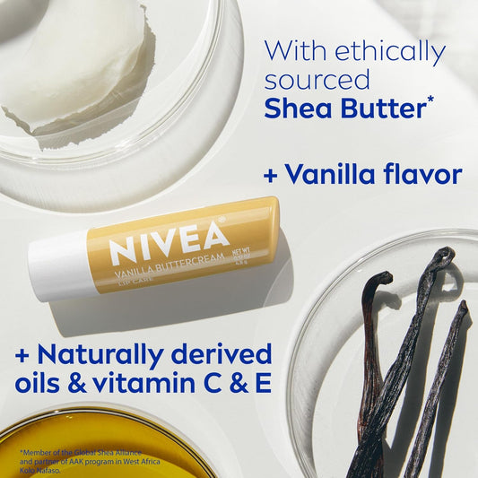 NIVEA Vanilla Buttercream Lip Care, Bevogtigende Lipbalsem met Kariteebotter, Voedende Olies en Vitamien C & E, 3-in-1 Vog, Herstel en Voed, 0.17 Oz Stokkie, Pak van 4