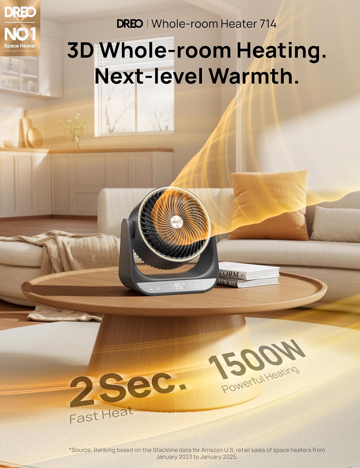 Verwarmer 714, 60° Vertikaal & 90° Horisontaal 3D Ossillerende Verhitting, 12 vt/s Langafstand-sirkuleerder, 3 Hitte- en 3 Waaierverstellings, vir Binnenshuis - Grys