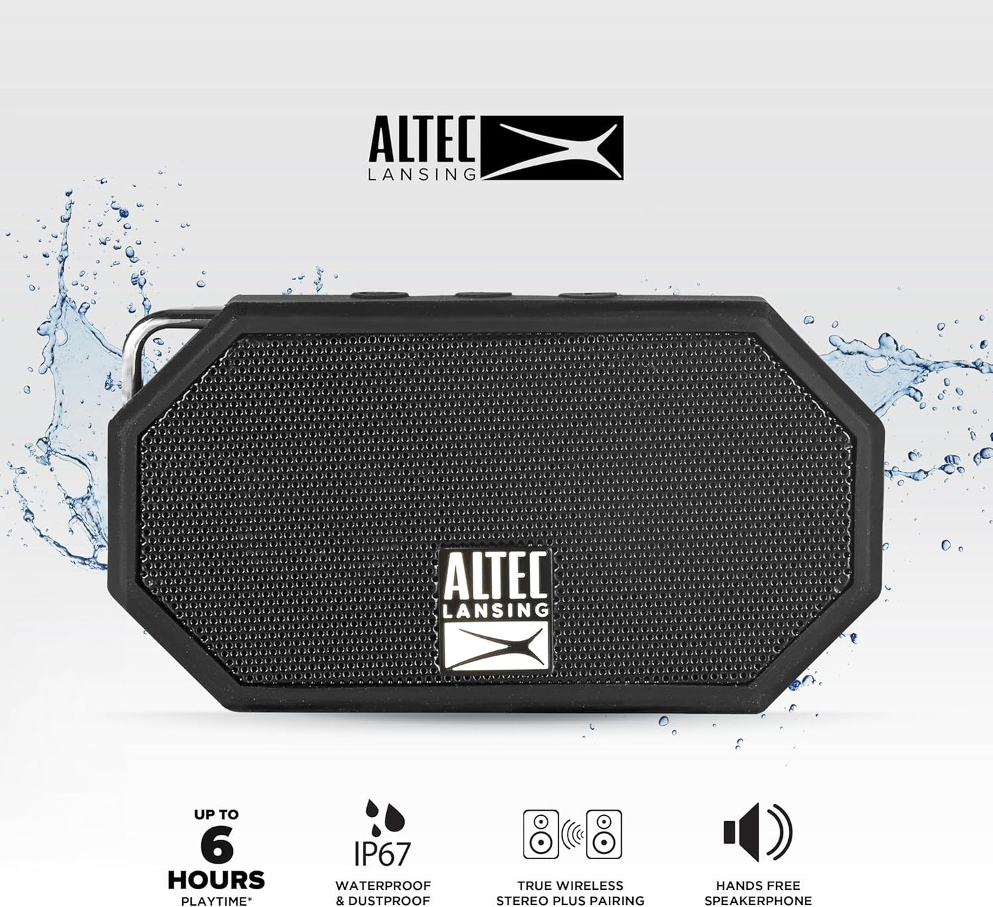 Altec Lansing Mini H2O - Waterdigte Bluetooth-luidspreker, IP67-gesertifiseer en dryf in water, kompakte en draagbare luidspreker vir stap, kamp, swembad en strand, Swart