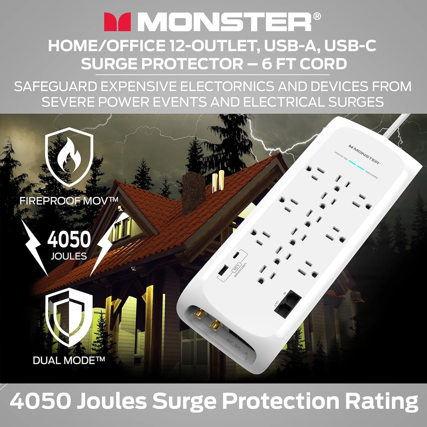 Monster 6ft White Power Strip and Tower Surge Protector, Heavy Duty Protection with 4050 Joule Rating, 12 120V-Outlets, 1 USB-A, and 1 USB-C Ports - Ideal for Computers, Home Theatre, Home Appliances