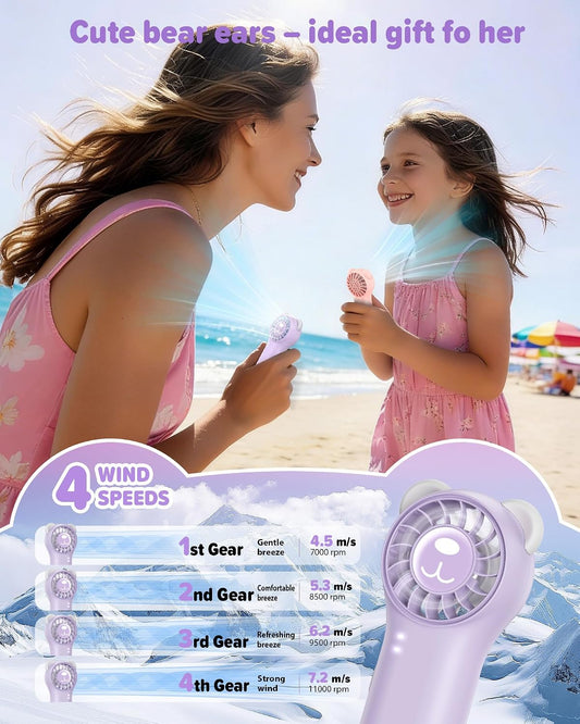 (PURPLE) Cute Bear Mini Handheld Portable Fan 11000RPM Rechargeable