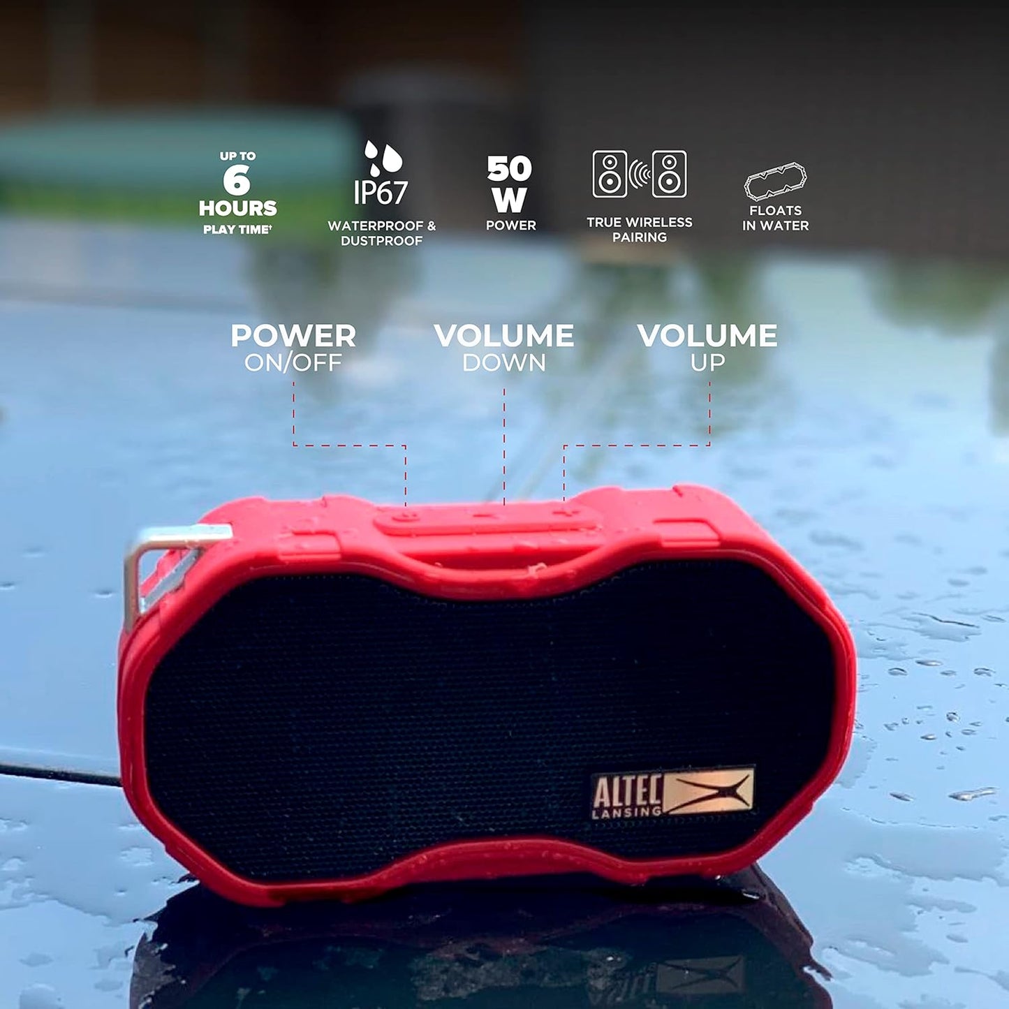 Altec Lansing Baby Boom XL - Waterdigte Bluetooth-luidspreker, Draadlose en Draagbare Luidspreker vir Reis- en Buiteluggebruik, Diep Bas en Harde Klank, 1 Pak, Rooi