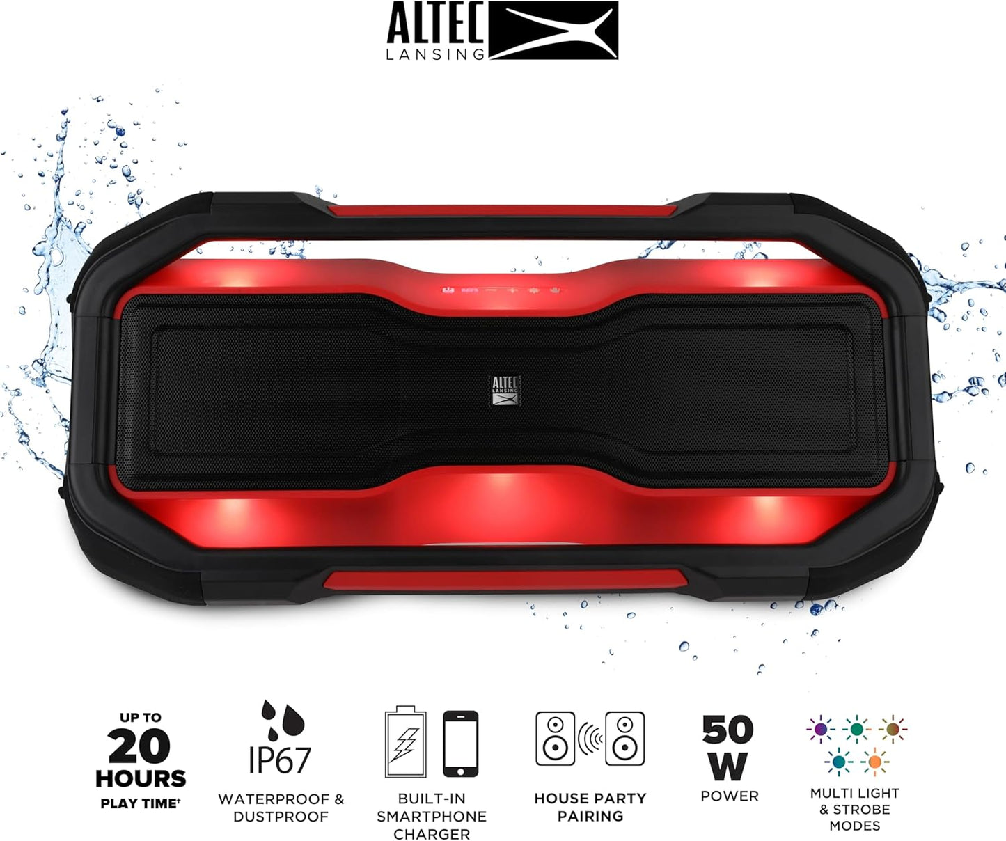 Altec Lansing ROCKBOX XL Draadlose Bluetooth Luidspreker, Draagbaar Waterdig met 20 Uur Speeltyd en 5 Verligte LED Ligmodusse, Drywende Draadlose Luidspreker vir Binne en Buite