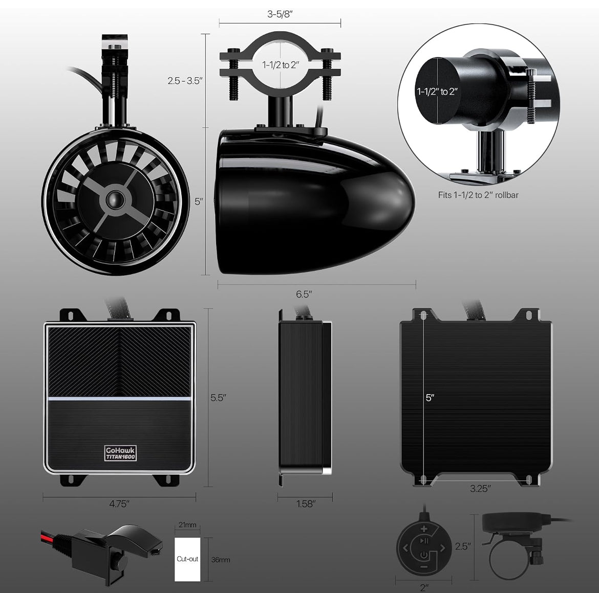 Sound System 600W UTV Speakers 5" Sound Bar 4 speakers (2 woofers + 2 tweeters). Bluetooth/FM/USB/AUX input. Fits 1.5-2in roll bars