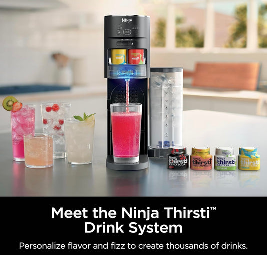 Ninja Thirsti Drankstelsel, Koeldrankmaker, Skep Unieke Vonkel- en Stil Drankies, Pas Grootte en Geur Aan, Koolzuurhoudende Watermasjien, 60L CO2-silinder en Verskeidenheid Gegeurde Waterdruppels - Swart