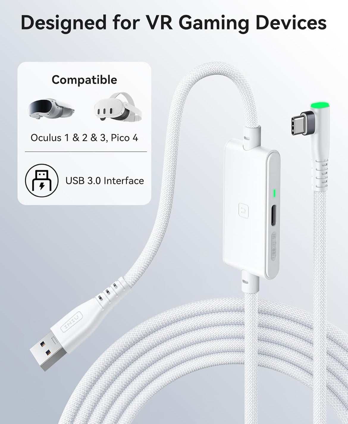 INIU 16ft Premium VR Link Cable with Charging, USB 3.0 Compatible with Meta Quest 3s, Oculus Quest 3/2/Pro, Pico 4, PC VR & Steam VR - Perfect White VR Accessory, Ideal Gift Choice