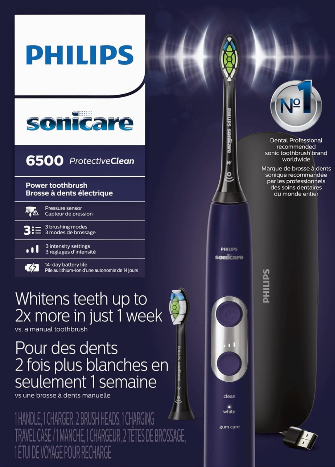 PHILIPS Sonicare Protective Clean 6500 Herlaaibare Elektriese Tandeborsel met Laai-reistas en Ekstra Borselkop - Dieppurper