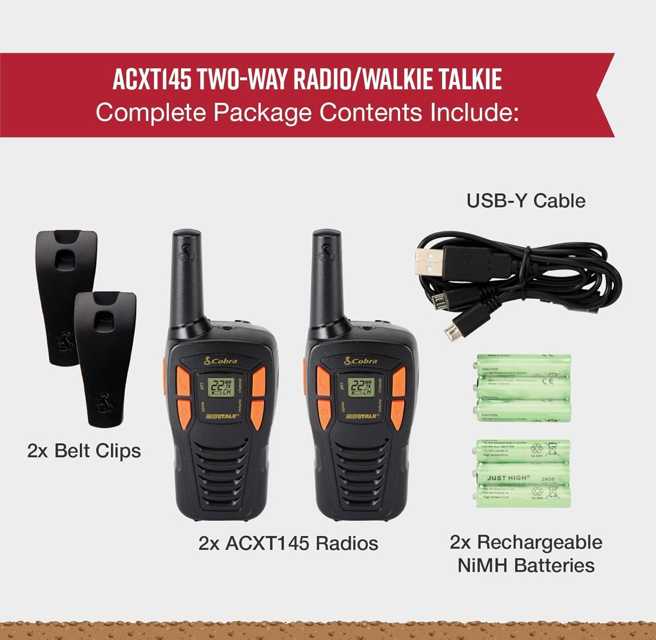 Cobra ACXT145 Kompakte Walkie Talkies - Herlaaibaar, Liggewig, 22 Kanale, Langafstand 16-Myl Tweerigting Radiostel (2-Pak), swart