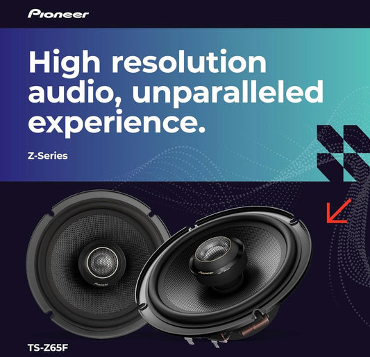 Pioneer TS-Z65F, 2-rigting koaksiale motoroudio luidsprekers, volle reeks, oop en gladde klankgehalte, maklike installasie en verbeterde bassreaksie, swart 6.5” ronde luidsprekers