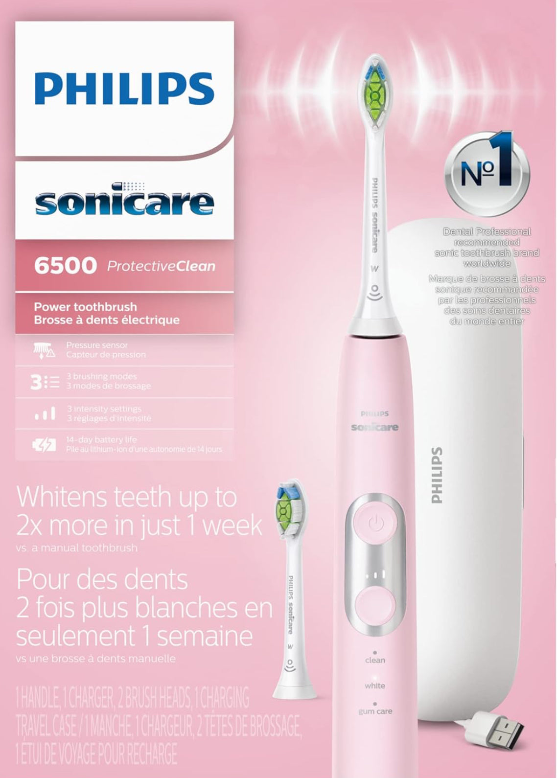 Philips Sonicare ProtectiveClean 6500 Herlaaibare Elektriese Tandeborsel, met Druksensor, 3 Skoonmaakmodusse, SmarTimer en QuadPacer, 14 Dae Batterylewe, Laai-reistas, Pienk, HX6462/06