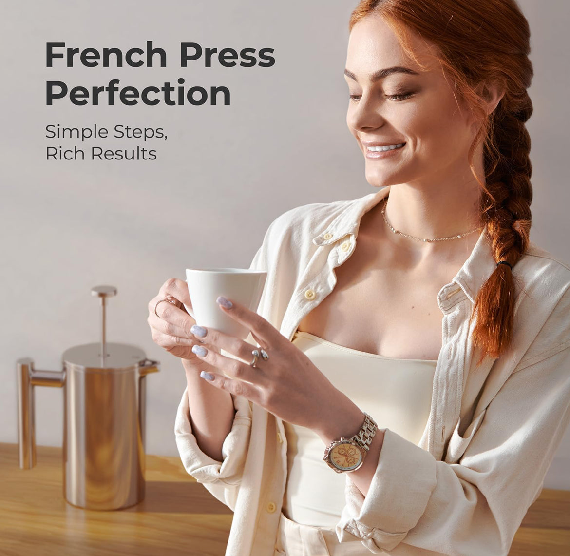 Druk-Koffiemaker 1L, Vlekvrye Staal, 4 Filters Hittebestande Dubbel Geïsoleerd, Roesvry, Voedselgraad, Skottelgoedwasser Veilig