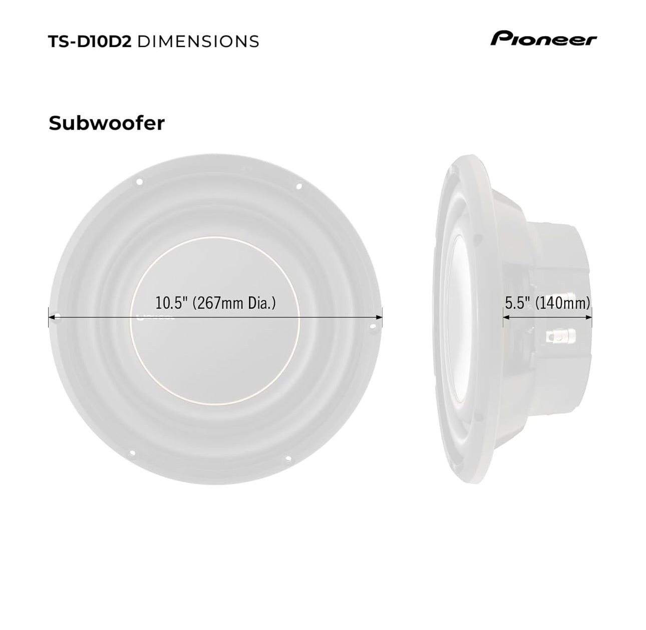 Pioneer TS-D10D2 - Kragtige 10-duim Subwoofer, 1500 Watt Piekvermoë, Dubbel 2 Ohm Spreekspoel, vir Diep Basgeluid