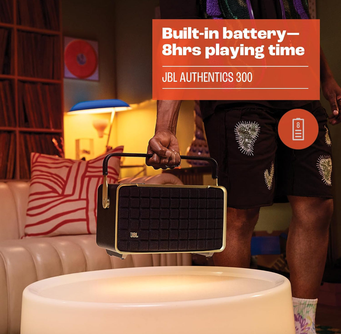 JBL Authentics 300 - Retro Style Wireless Bluetooth/WiFi Home Speaker, Built in Battery (4800mAh) - (White/Gold)