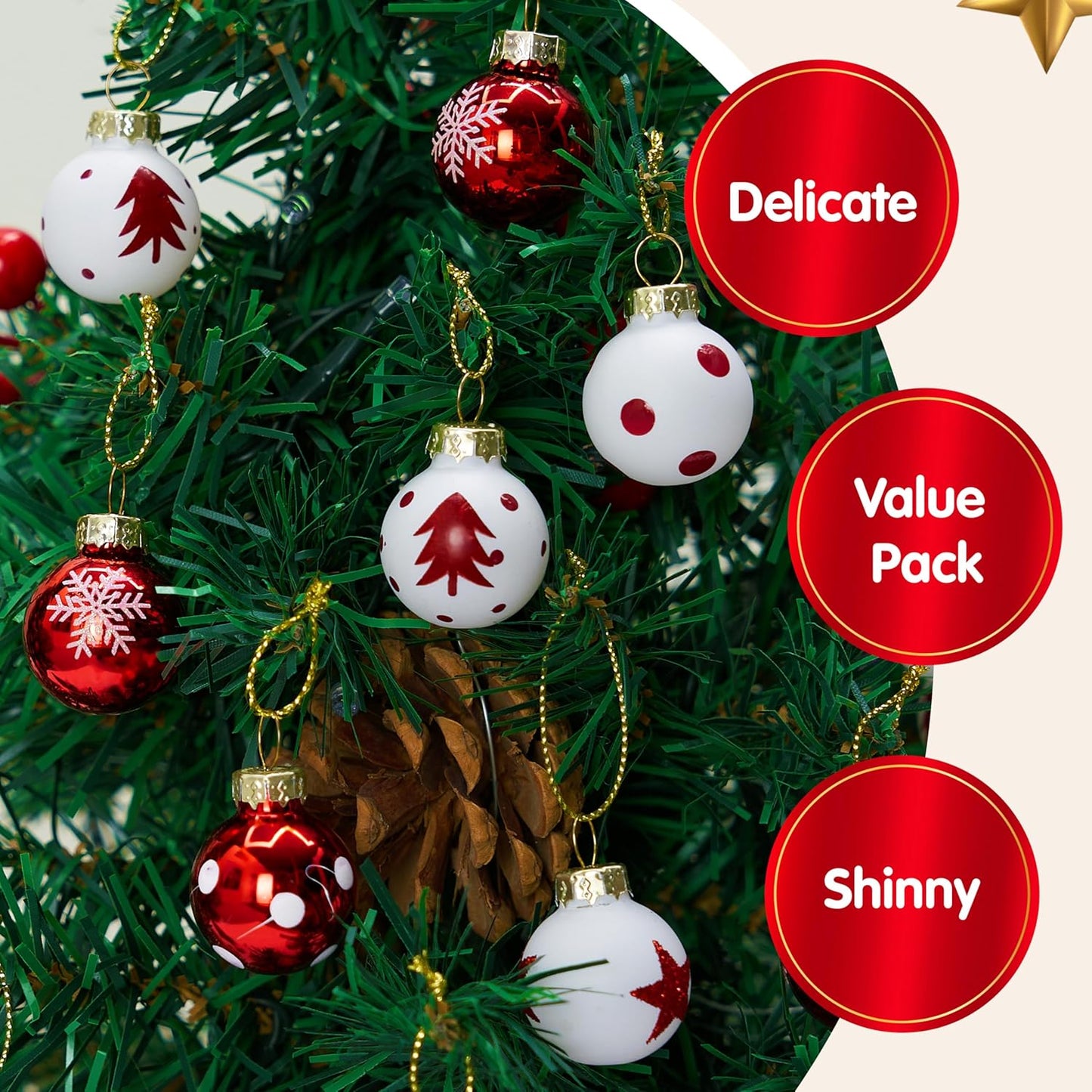 36 Stuks Kersfees Mini Bal Ornamentstel, Metaalglas Klein Balle met Glitters & Touhange - (Rooi & Wit)